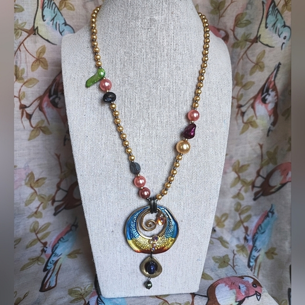 TRESKA Brand Mixed Media Necklace Faux Pearls Rhinestones Watercolor Metal VENUS